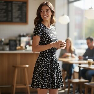 Gilli‎ Fit & Flare Dress Black White Print Short Sleeve Mini Small Made in USA